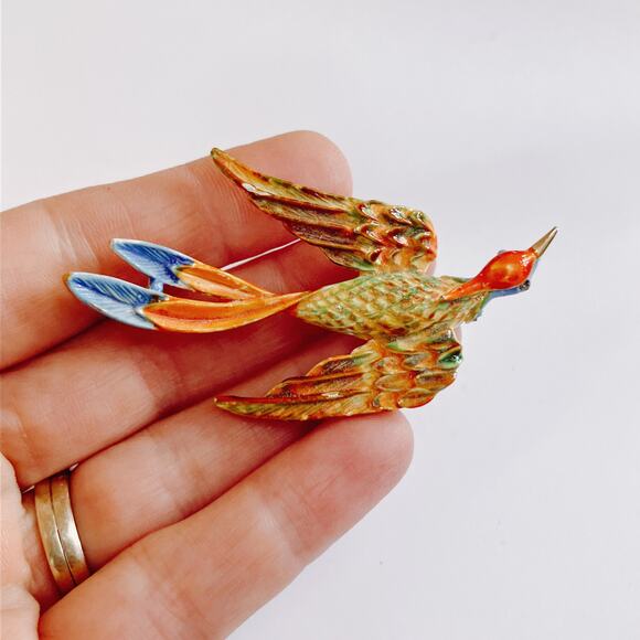 VTG Signed ART Mid Century Enamel Bird of Paradise Brooch Figural Colorful 1950s - Picture 6 of 10